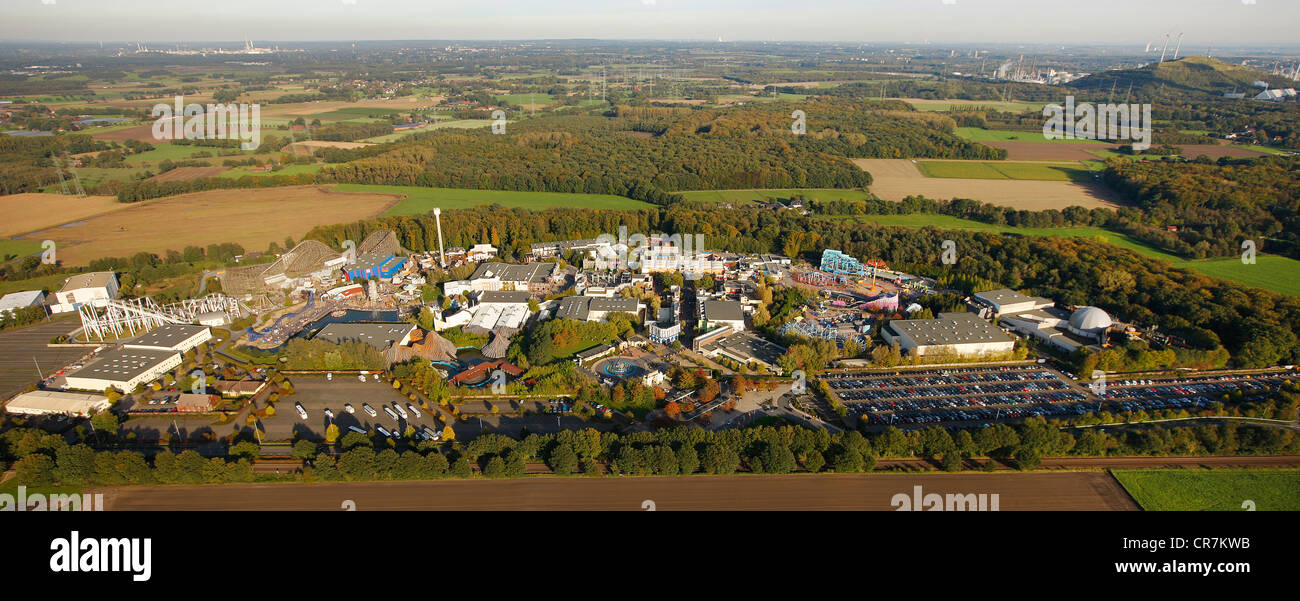 Aerial view, Movie Park Germany, amusement park, Bottrop Kirchhellen, Ruhr Area, North Rhine-Westphalia, Germany, Europe Stock Photo
