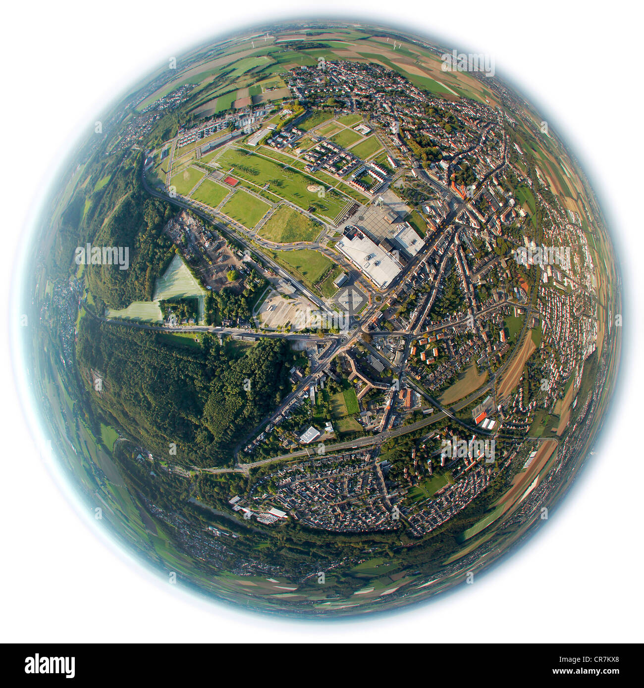 Aerial view, fisheye shot, former colliery site, industrial estate, LEG, Landesentwicklungsgesellschaft Stock Photo