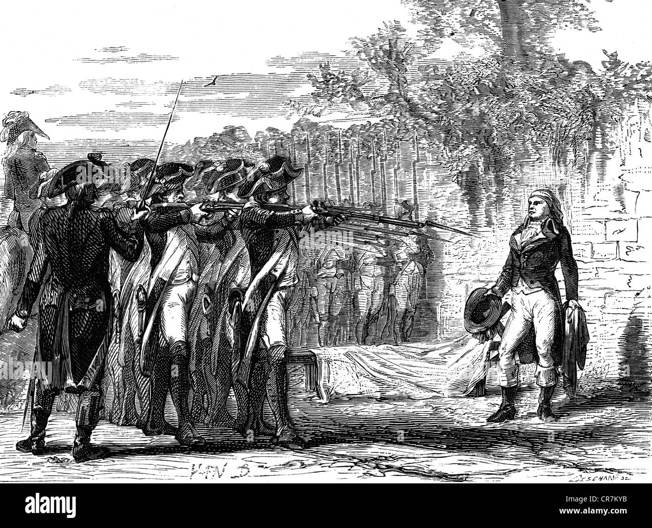 Charettes de la Contrie, Francois Athanase de, 21.4.1763 - 26.3.1796, French naval officer, leader of the Revolt in the Vendée 1793 - 1796, death, shot in Nantes, wood engraving, 19th century, Stock Photo