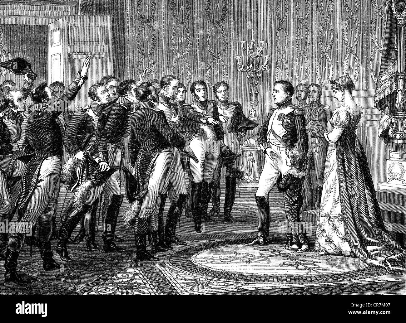Napoleon I, 15.8.1769 - 5.5.1821, Emperor of the French 2.12.1804 - 22.6.1815, abdicating in favour of his son, 6.4.1814, wood engraving, 19th century, Stock Photo