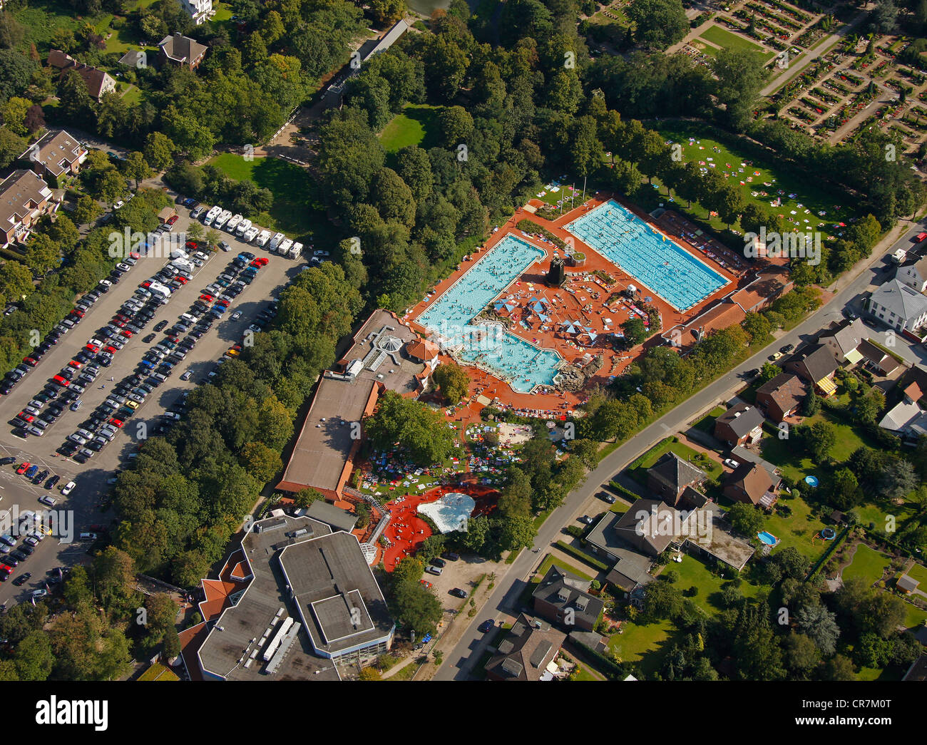 Aerial view, Solebad Werne, public swimming pool, Werne, Ruhr Area, North Rhine-Westphalia, Germany, Europe Stock Photo