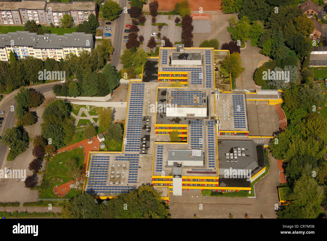 Aerial view, solar roofs, Ingeborg-Drewitz-Gesamtschule school, Gladbeck, Ruhr area, North Rhine-Westphalia, Germany, Europe Stock Photo