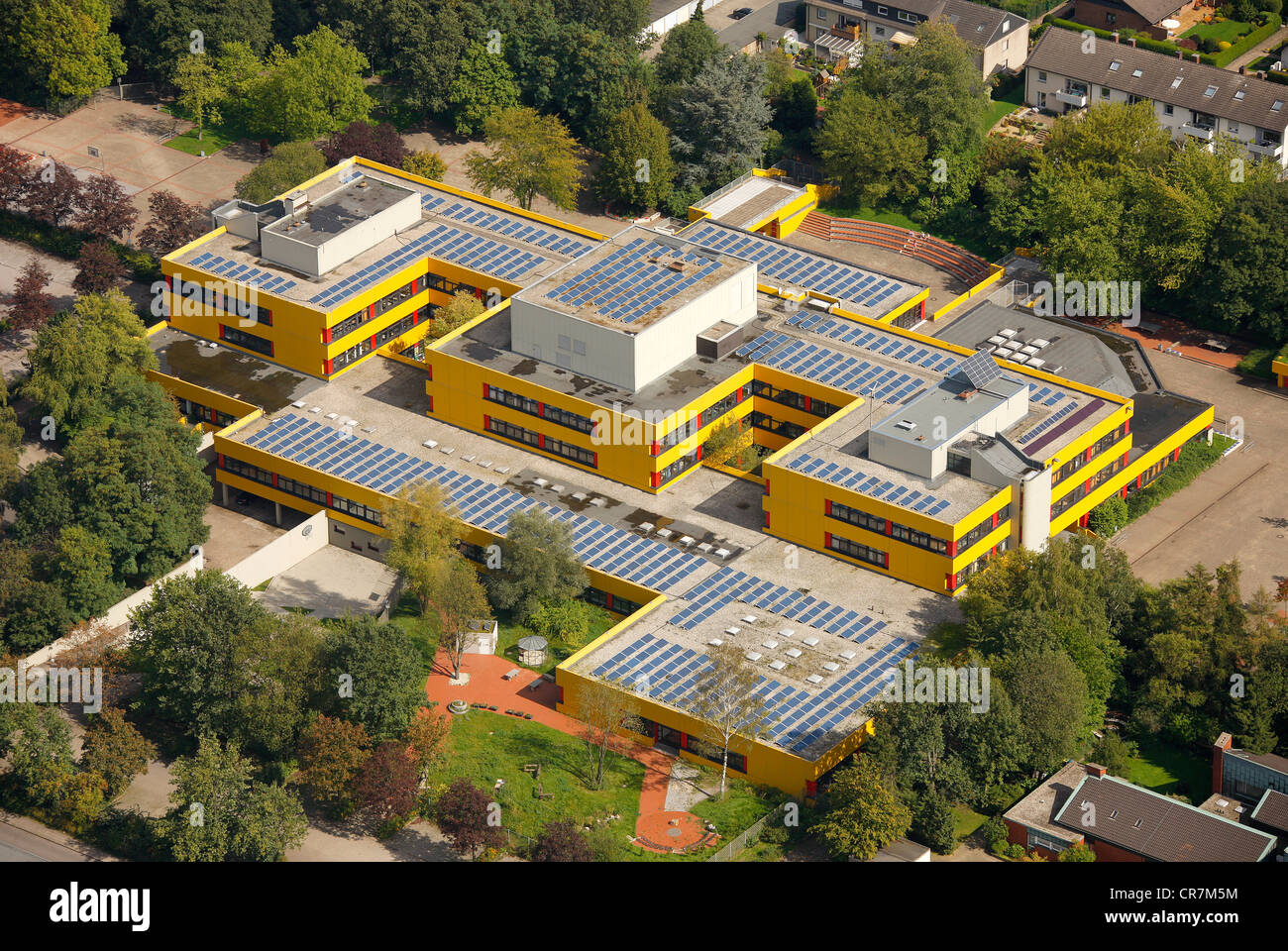 Aerial view, solar panels on roofs, Ingeborg-Drewitz-Gesamtschule, comprehensive school, Gladbeck, Ruhr Area Stock Photo