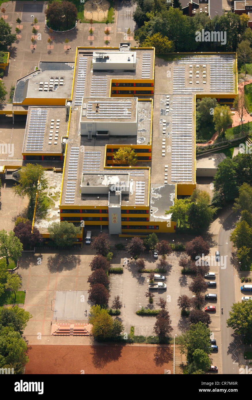 Aerial view, solar panels on roofs, Ingeborg-Drewitz-Gesamtschule, comprehensive school, Gladbeck, Ruhr Area Stock Photo