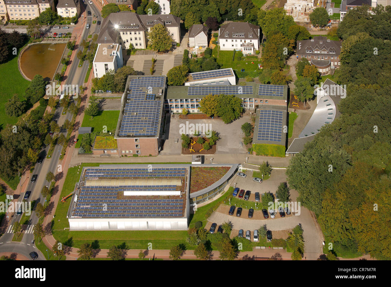 Aerial view, solar panels on roofs, Riesener Gymnasium, grammar school, Gladbeck, Ruhr Area, North Rhine-Westphalia Stock Photo