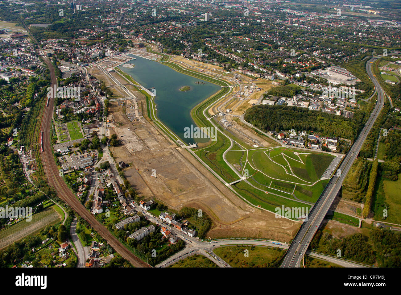 Aerial view, Phoenix-See, an artificial lake, Dortmund, Ruhr Area, North Rhine-Westphalia, Germany, Europe Stock Photo