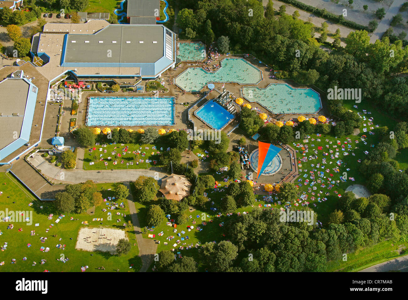 Aerial view, public swimming pool at the end of the swimming season, Gelsenkirchen, North Rhine
