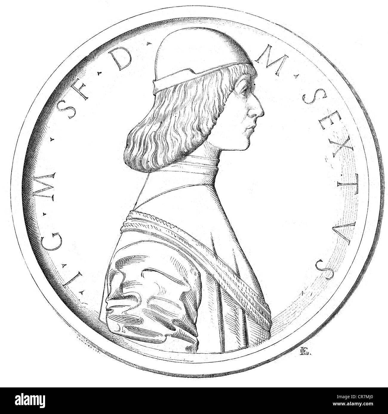 Sforza, Gian Galeazzo II, 20.6.1469 - 22.10.1494, Duke of Milan 26.12.1476 - 22.10.1494, portrait, wood engraving, 19th century, after medallion, 15th century, Stock Photo