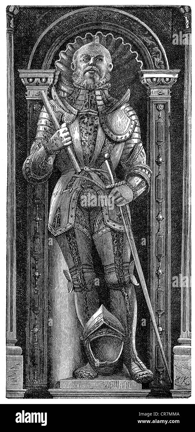 Philip I 'the Magnanimous', 13.11.1504 - 31.3.1567, Landgrave of Hesse 11.7.1509 - 31.3.1567, full length, statue, epitaph, St. Martin's Church, Kassel, circa 1570, wood engraving, 19th century, Stock Photo