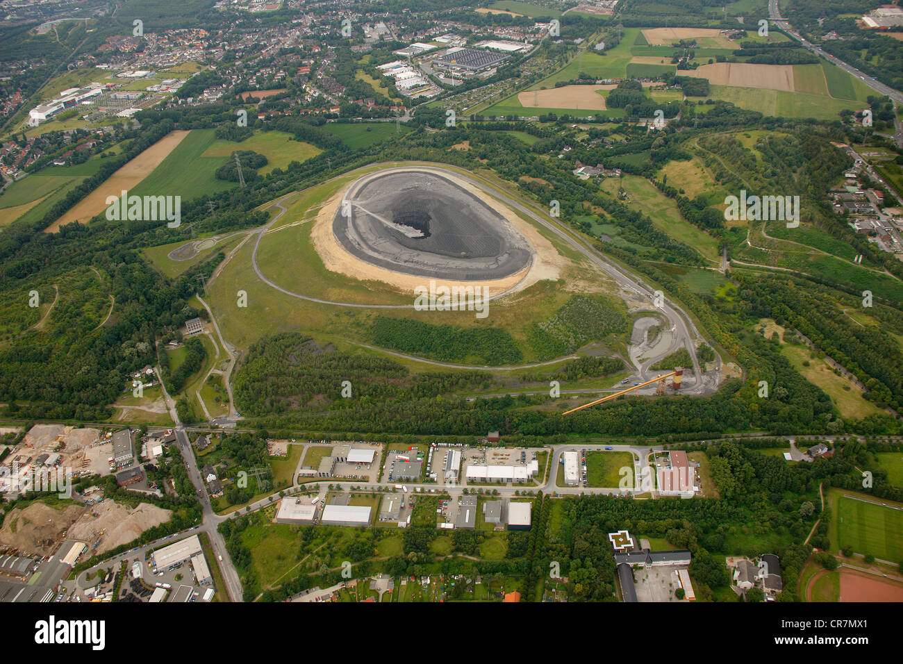 Aerial view, Moltkehalde, mining waste tip, covered with grass, and Mottbruchhalde, mining waste tip, being filled Stock Photo