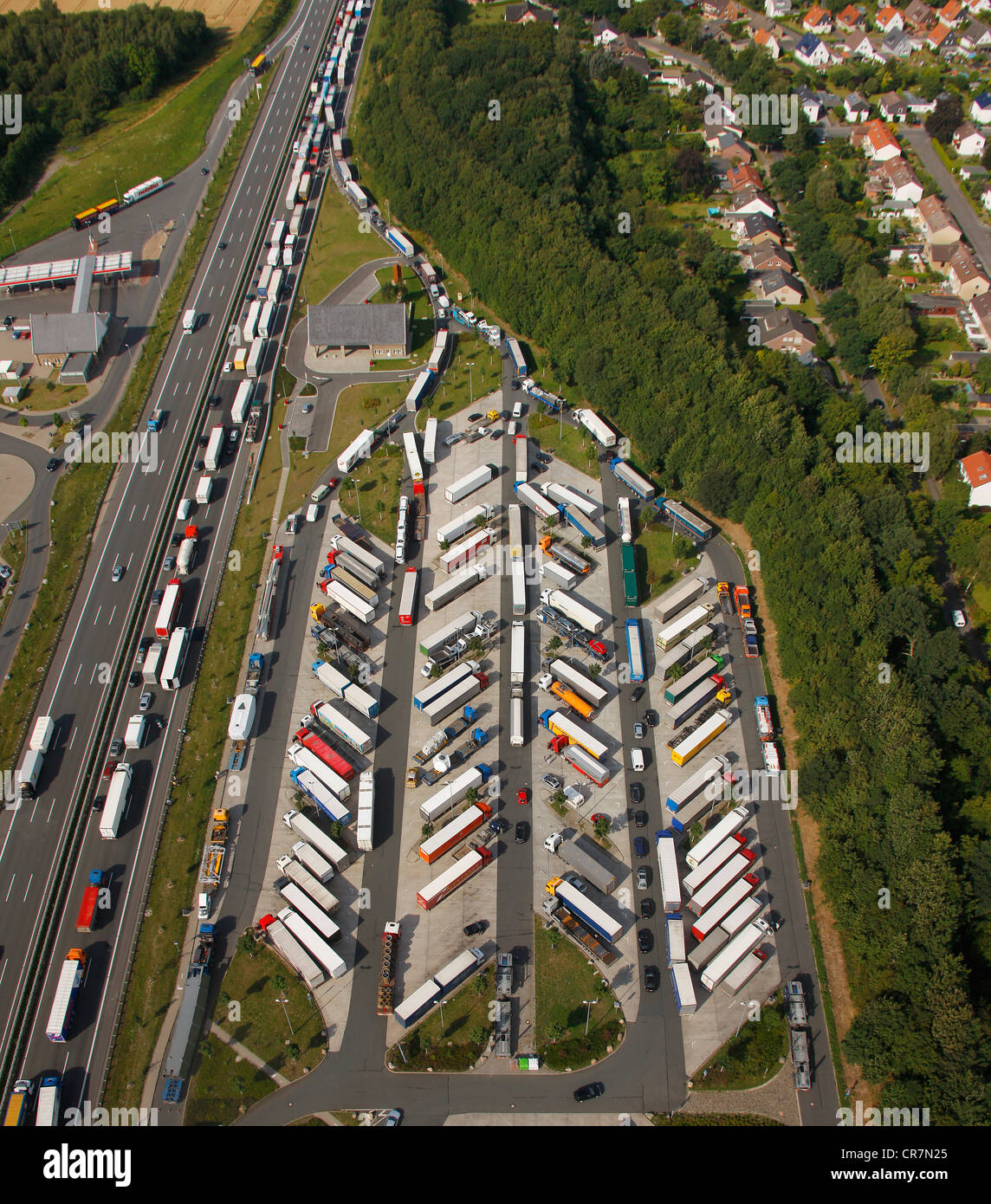 Aerial view, overcrowded Rhynern-Nord motorway service area, rest and driving times of lorry drivers, Hamm, Ruhr area Stock Photo
