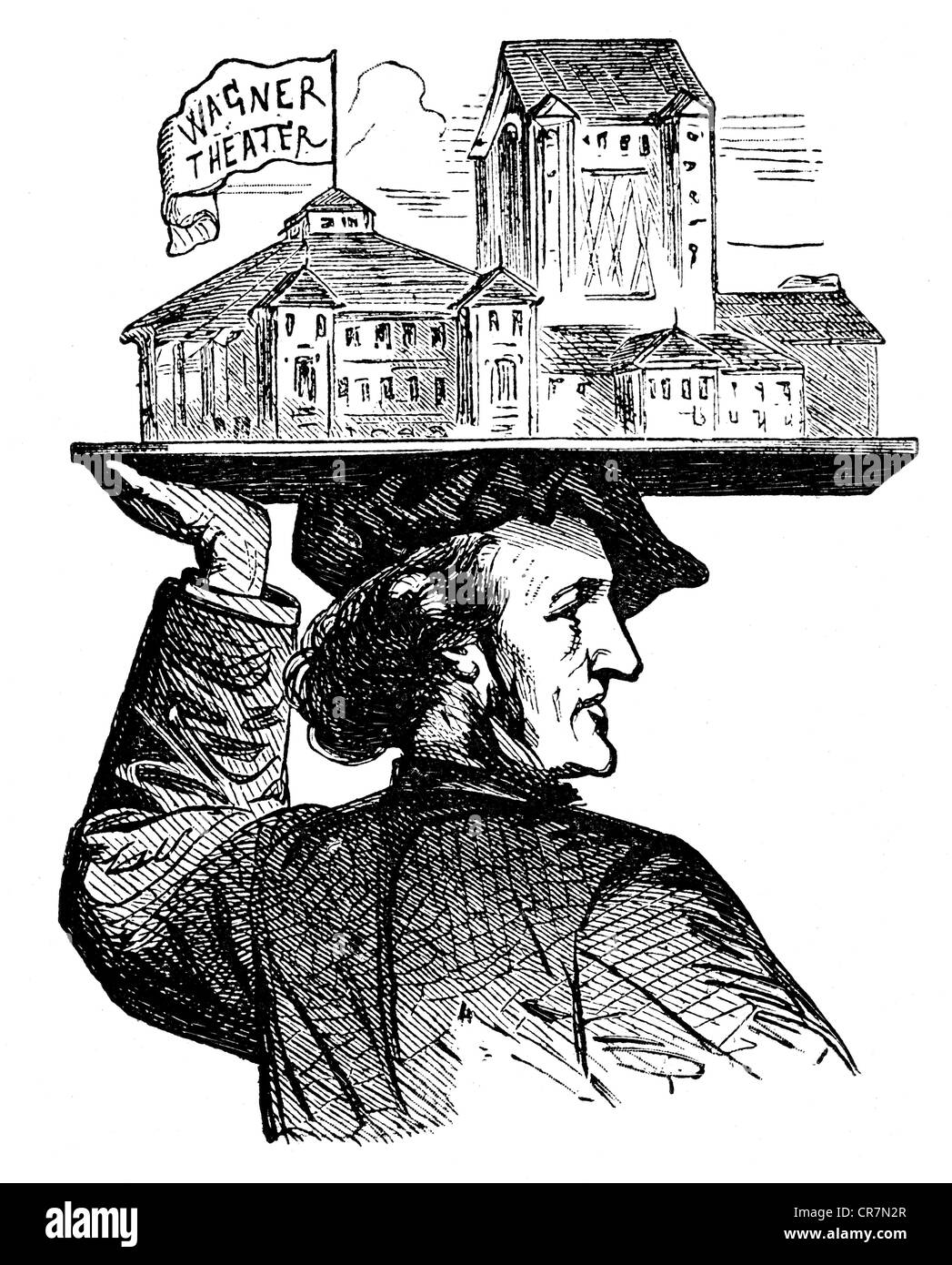 Wagner, Richard, 22.5.1813 - 13.2.1883, German composer, balancing theatre building on his head, caricature, by H. König, wood engraving, 1873, Stock Photo
