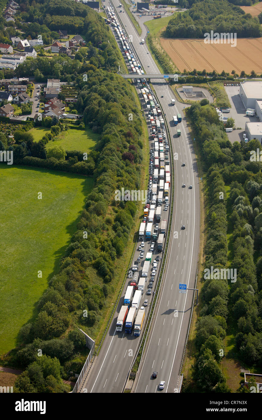 Aerial view, traffic backed up due to an accident with a truck resulting in closure of the highway, A2 motorway between Stock Photo