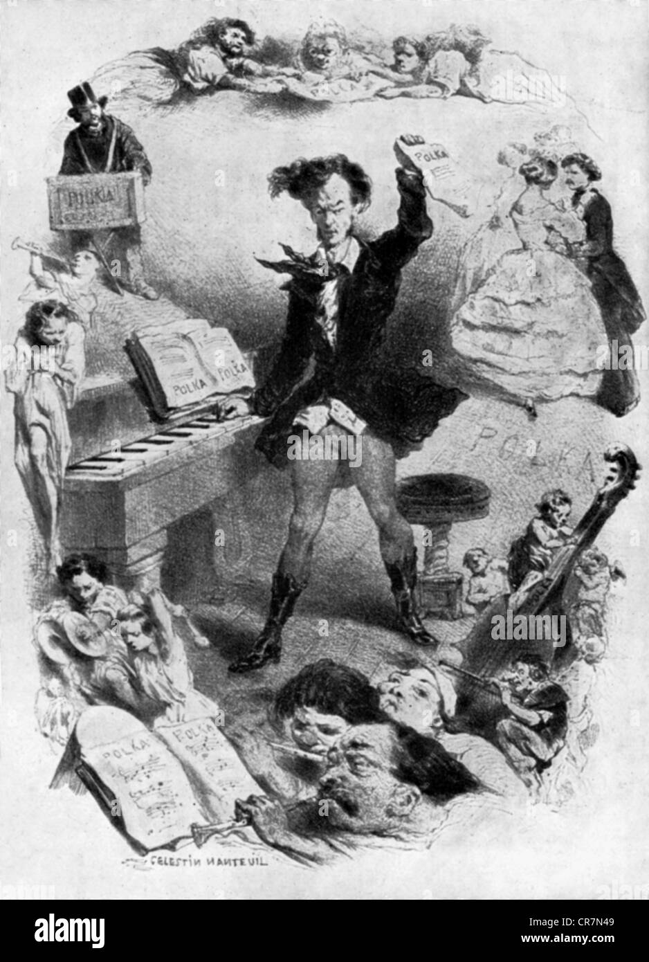 Wagner, Richard, 22.5.1813 - 13.2.1883, German composer, striking up for a dance in Paris, caricature, llitograph, France, circa 1860, from Karl Eugen Schmidt, Richard Wagner in French caricature, Stock Photo