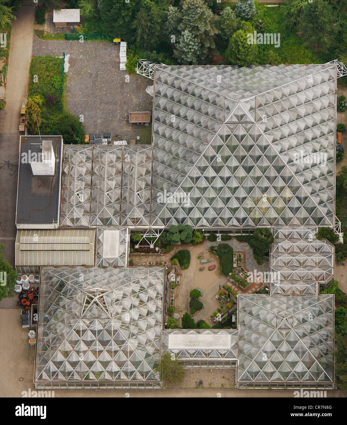 Aerial view, tropical greenhouse, Gruga, Grugapark botanical garden near the Messe Essen exhibition centre, Essen, Ruhr area Stock Photo