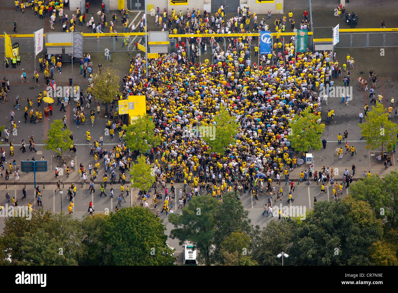 Aerial view, fans being controlled at the stadium entrance, Westfalenstadion football stadium, Signal Iduna Park, Dortmund Stock Photo