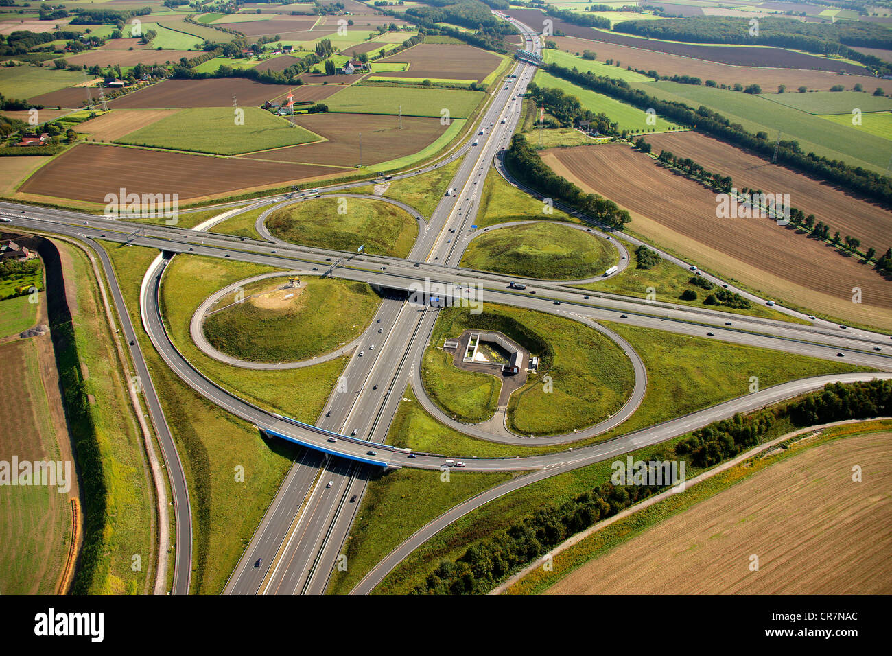 Aerial view, ADAC monument to honour the Yellow Angels, artist Alex Gockel, at the Kamener Kreuz, cross junction of the A1 and Stock Photo
