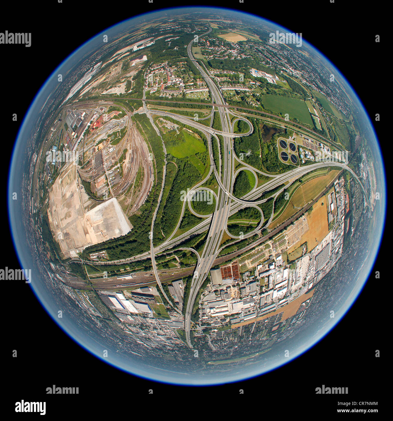 Aerial view, fisheye-lens, Brackel, Springorumknoten, three leg motorway interchange, Autobahn, highways, B236n, Dortmund Stock Photo