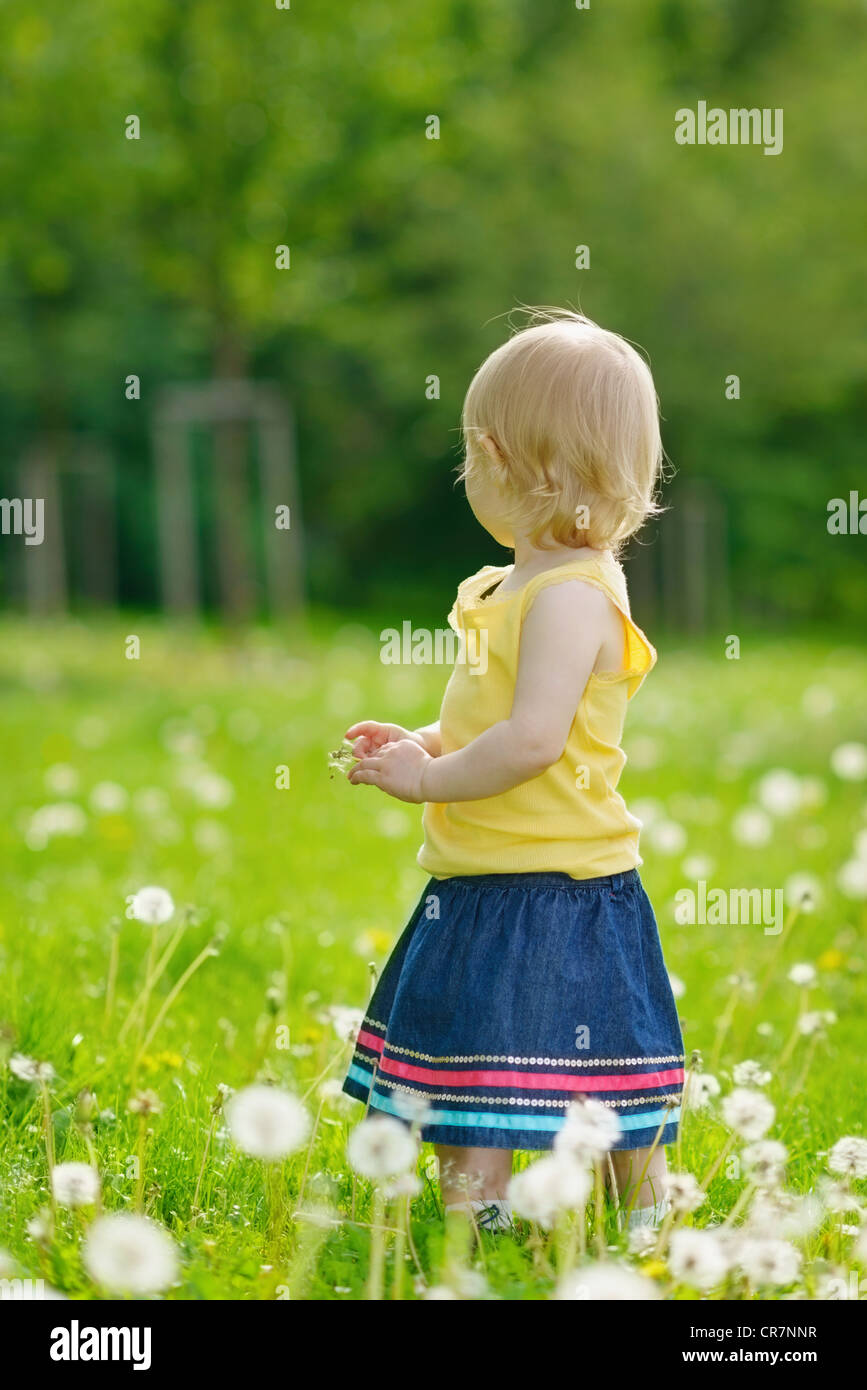 Baby girl on dandelions field looking back Stock Photo - Alamy