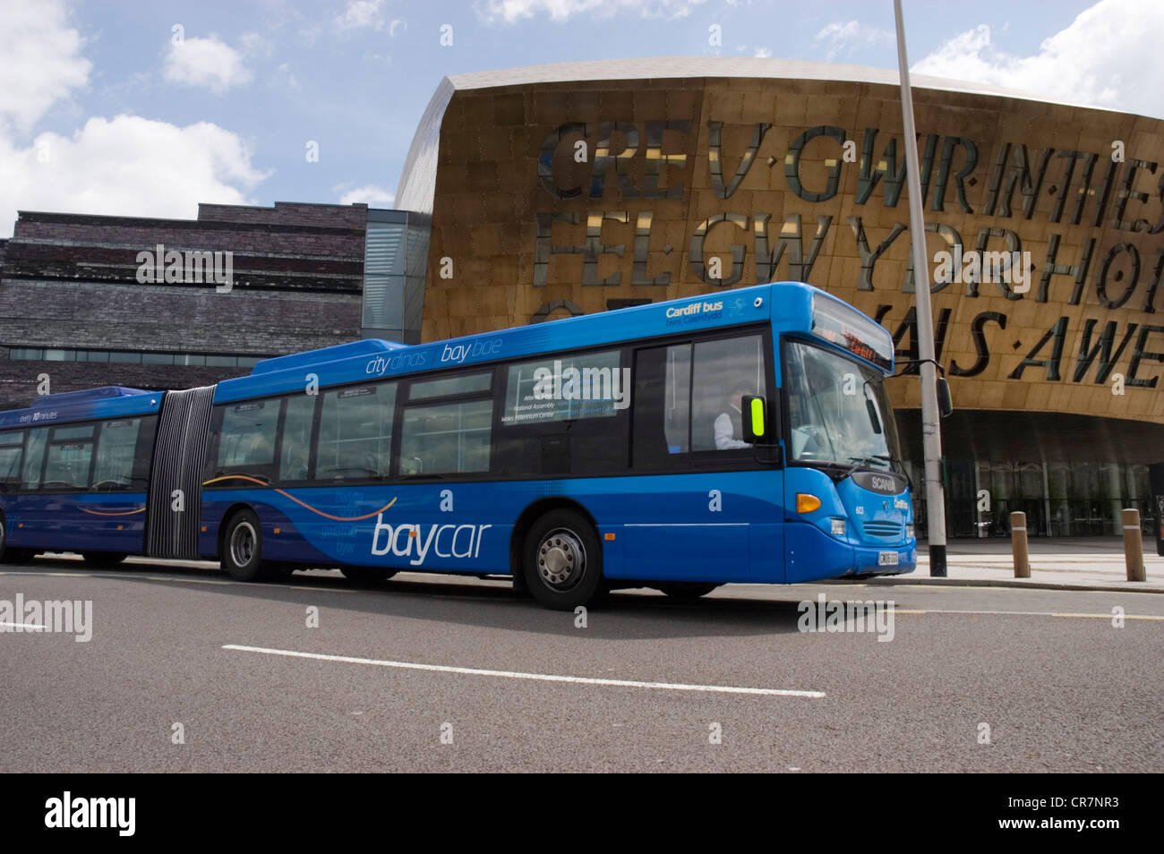 Cardiff's new Bendy Bus at Cardiff Bay Stock Photo