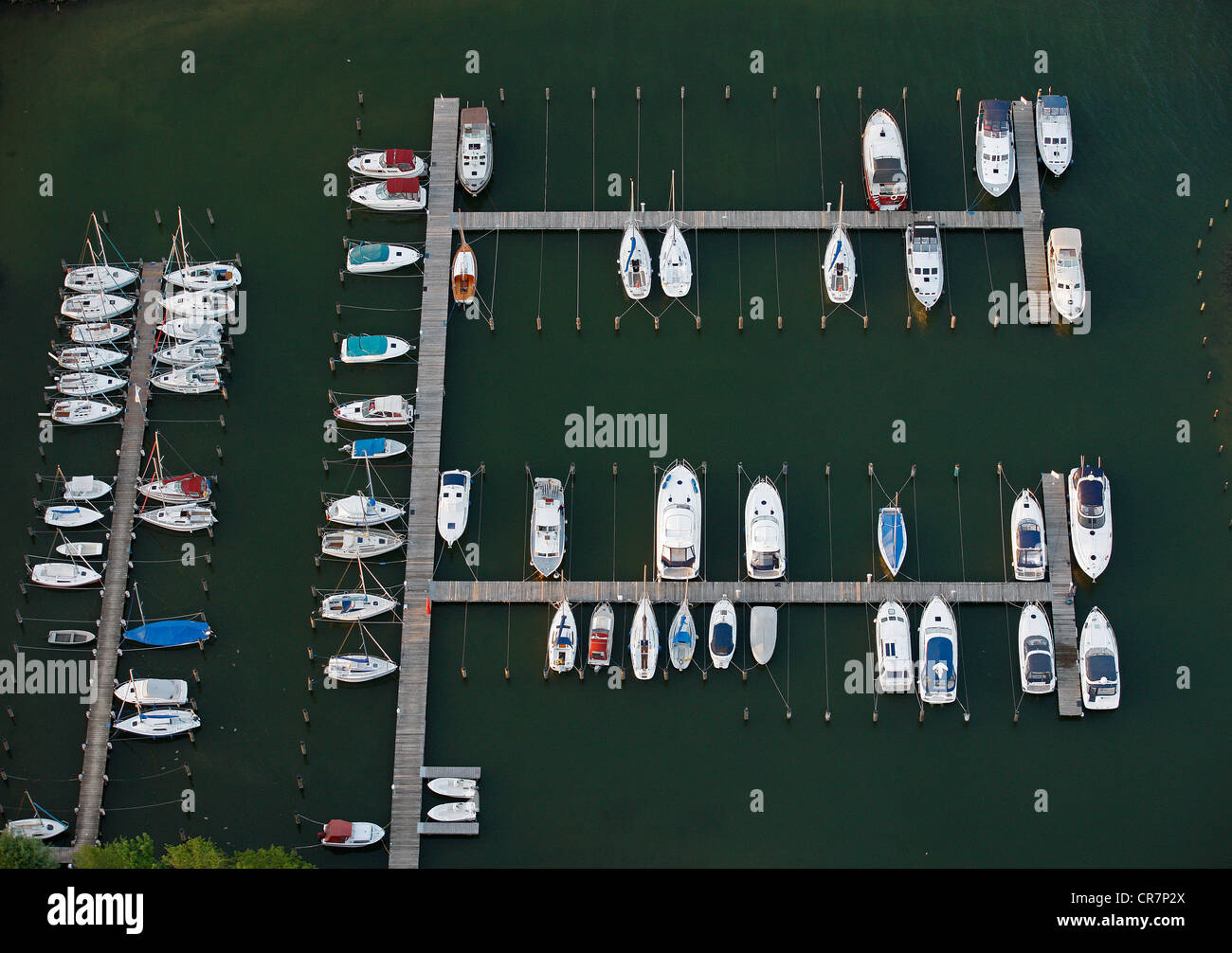 Aerial view, piers at the Schloss Klink castle and hotel, Mueritz county, Mecklenburg-Western Pomerania, Germany, Europe Stock Photo