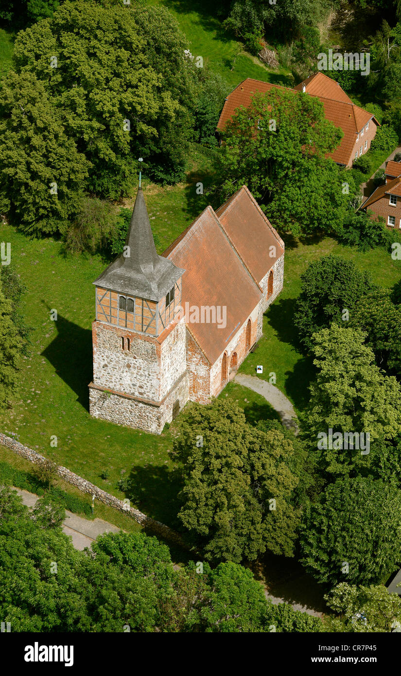 Aerial view, village church of Sietow, Mueritz county, Mecklenburg-Western Pomerania, Germany, Europe Stock Photo