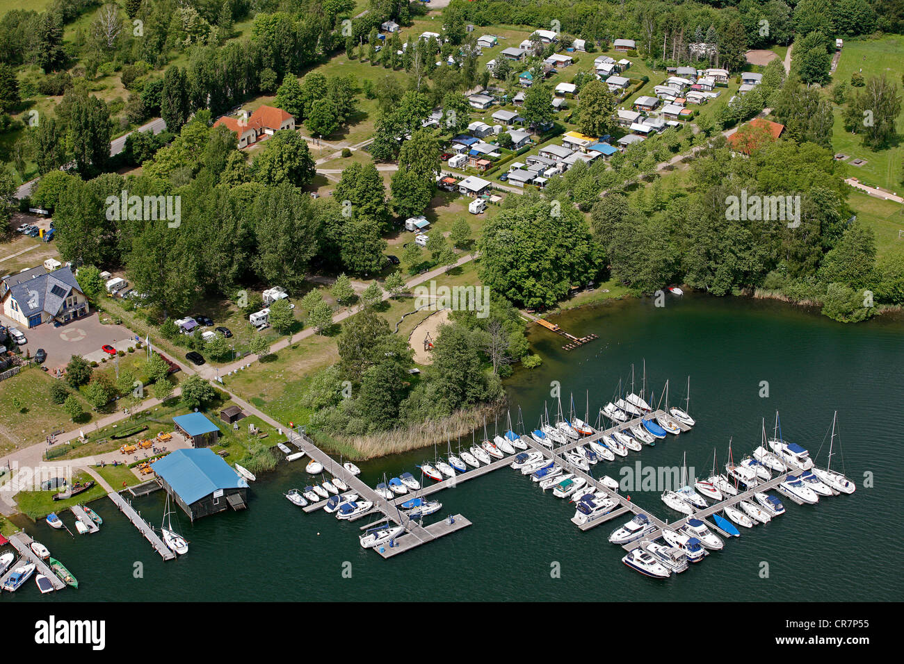 Aerial view, piers, sailing ships, Roebel, Mueritz, Mecklenburg-Western Pomerania, Germany, Europe Stock Photo