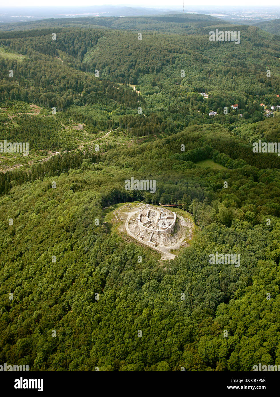 Aerial view, ruins of Falkenburg Castle, Detmold, Teutoburg Forest, Ostwestfalen, East Westphalia, North Rhine-Westphalia Stock Photo