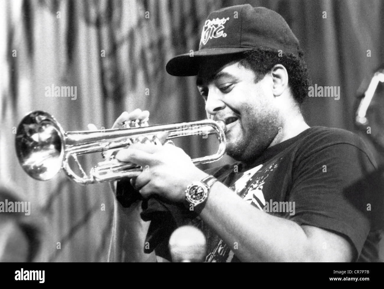 Faddis, Jon, * 24.7.1953, American musician (jazz trumpeter), half length, on stage, Jazz Festival, Montreux, 11.7.1994, 20th century, music, jazz musician, instrument, instruments, musical instrument, instrument, musical instruments, instruments, trumpet, trump, trumpets, trumpeter, trumpeters, make music, play music, making music, playing music, makes music, plays music, made music, played music, playing, play, cap, caps, baseball cap, , Stock Photo