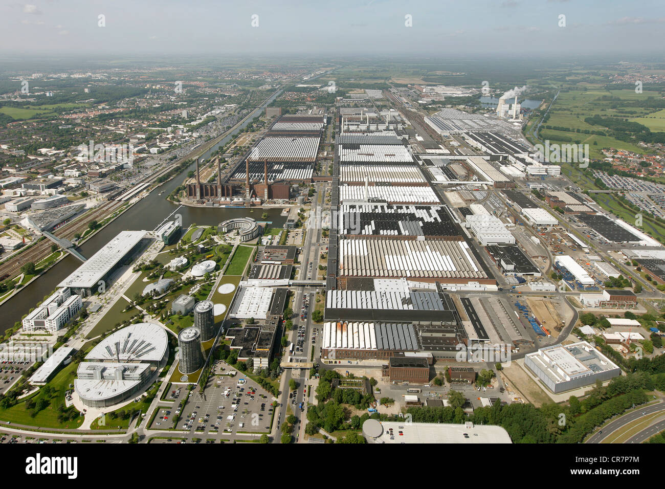 Aerial view, Volkswagen plant, VW factory, Autostadt visitor attraction, Wolfsburg, Lower Saxony, Germany, Europe Stock Photo