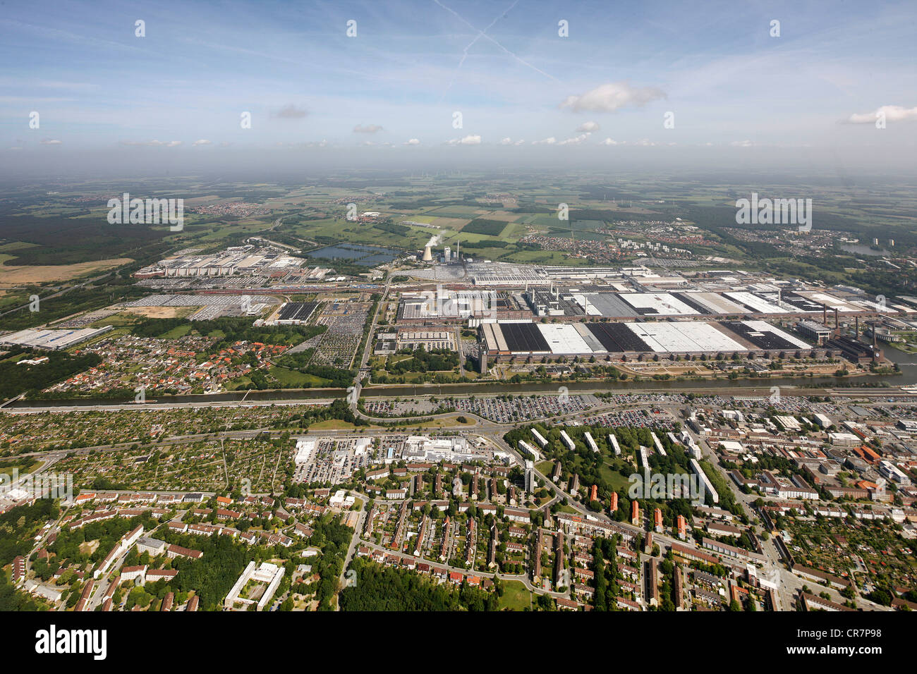 Aerial view, residential town of the VW factory, Volkswagen plant, Autostadt visitor attraction, Wolfsburg, Lower Saxony Stock Photo