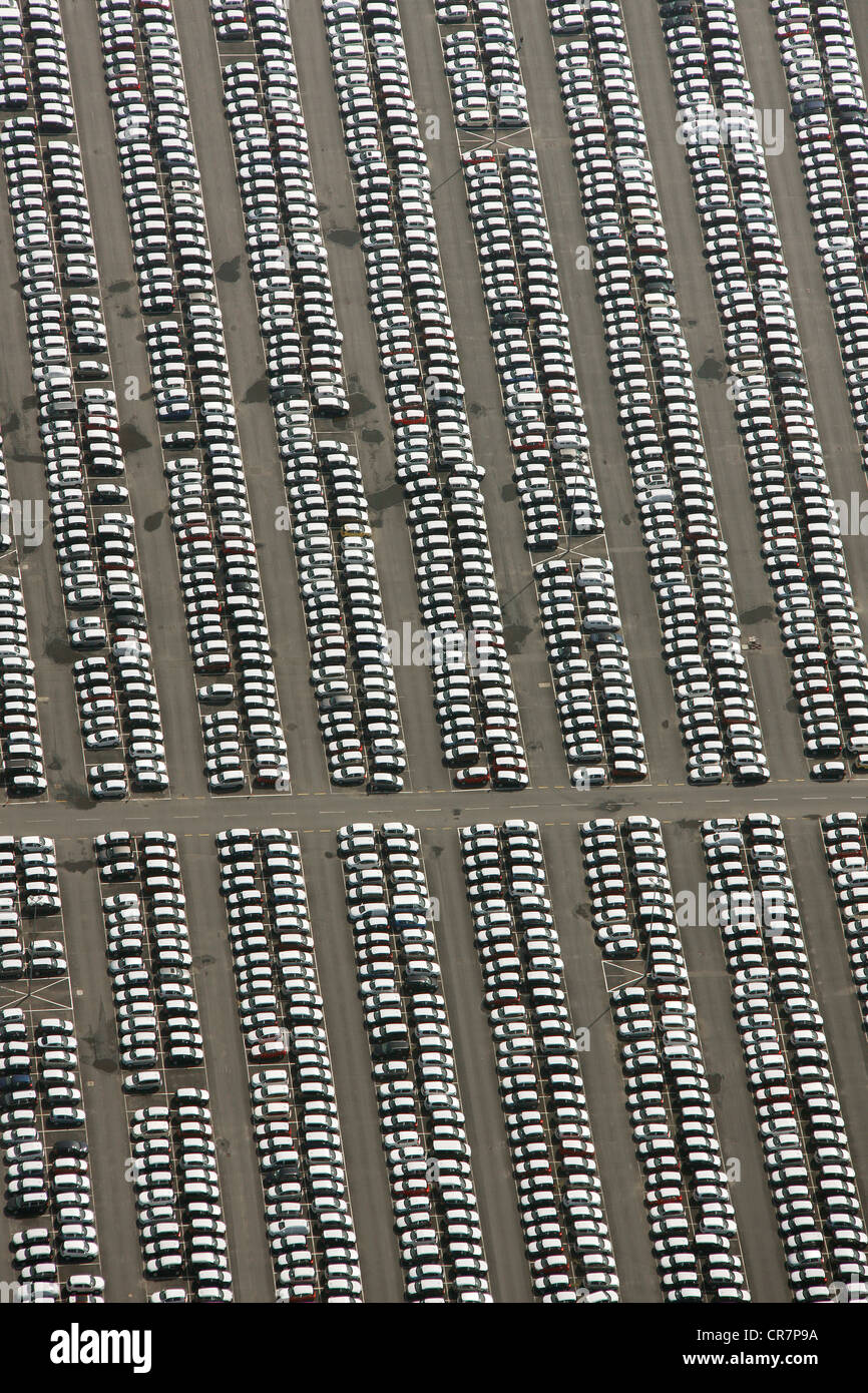 Aerial view, parking area, new cars for dispatch, Volkswagen plant, VW factory, Autostadt visitor attraction, Wolfsburg Stock Photo