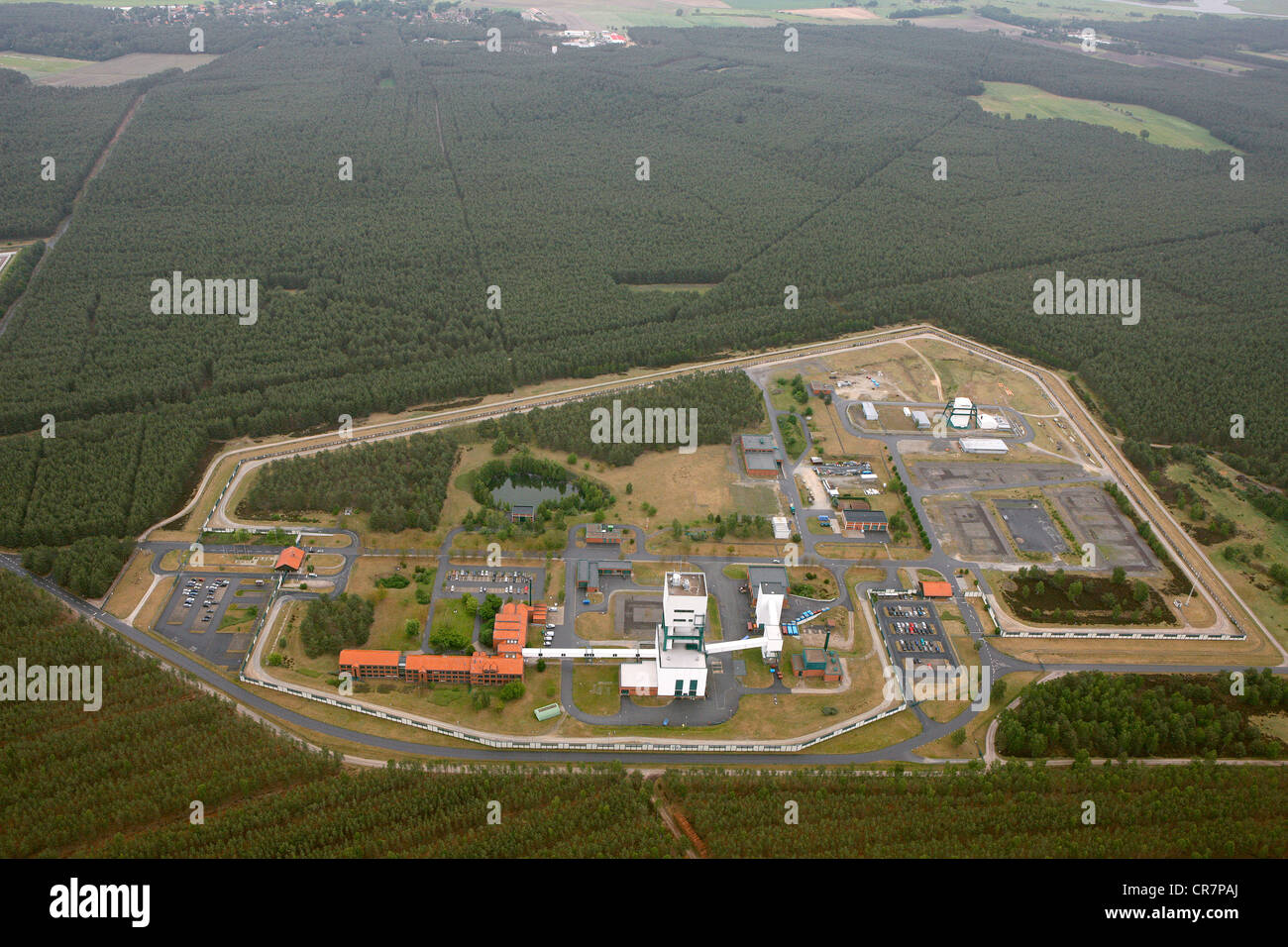 Aerial view, nuclear castor storage, nuclear repository, nuclear disposal facility, a former salt mine, Elbe, Stock Photo