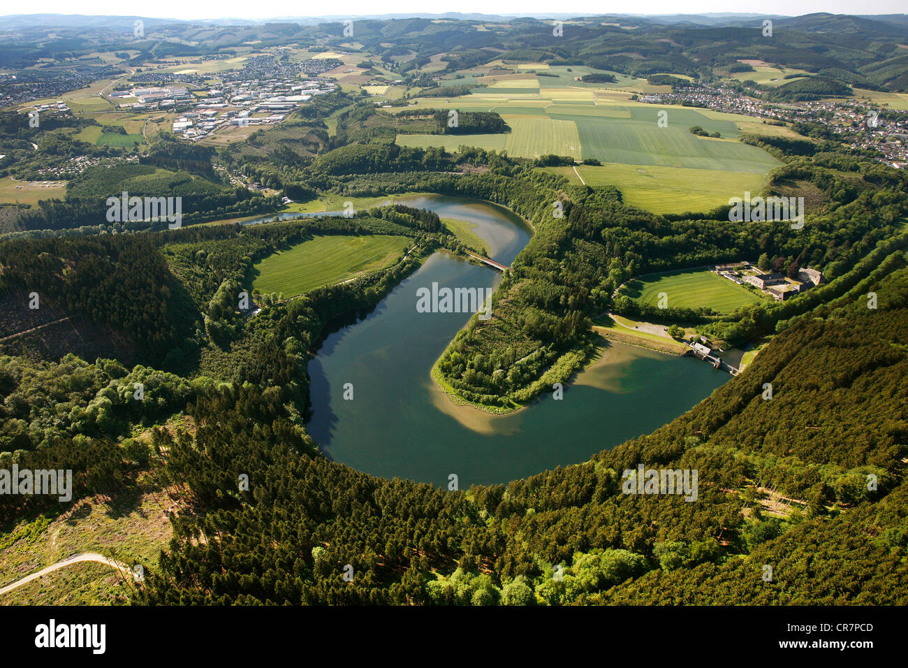 Aerial view, Ahauser Stausee storage lake, areas of Attendorn city and Finnentrop town, Kreis Olpe county, Sauerland region Stock Photo