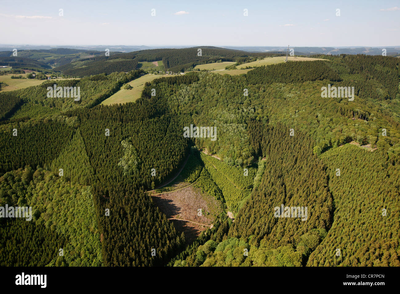 Aerial view, Wildewiese village, Sundern, ski resort, hiking area, Roenkhausen, Kreis Olpe county, Sauerland region Stock Photo