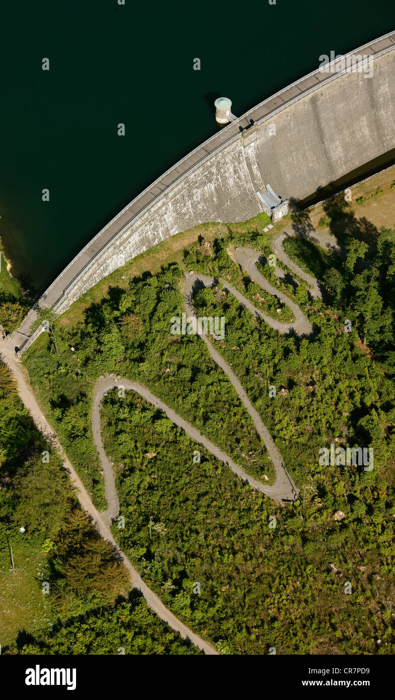 Aerial view, serpentines on the dam wall of the Neyetalsperre dam, Wipperfuerth, Oberbergischer Kreis district Stock Photo