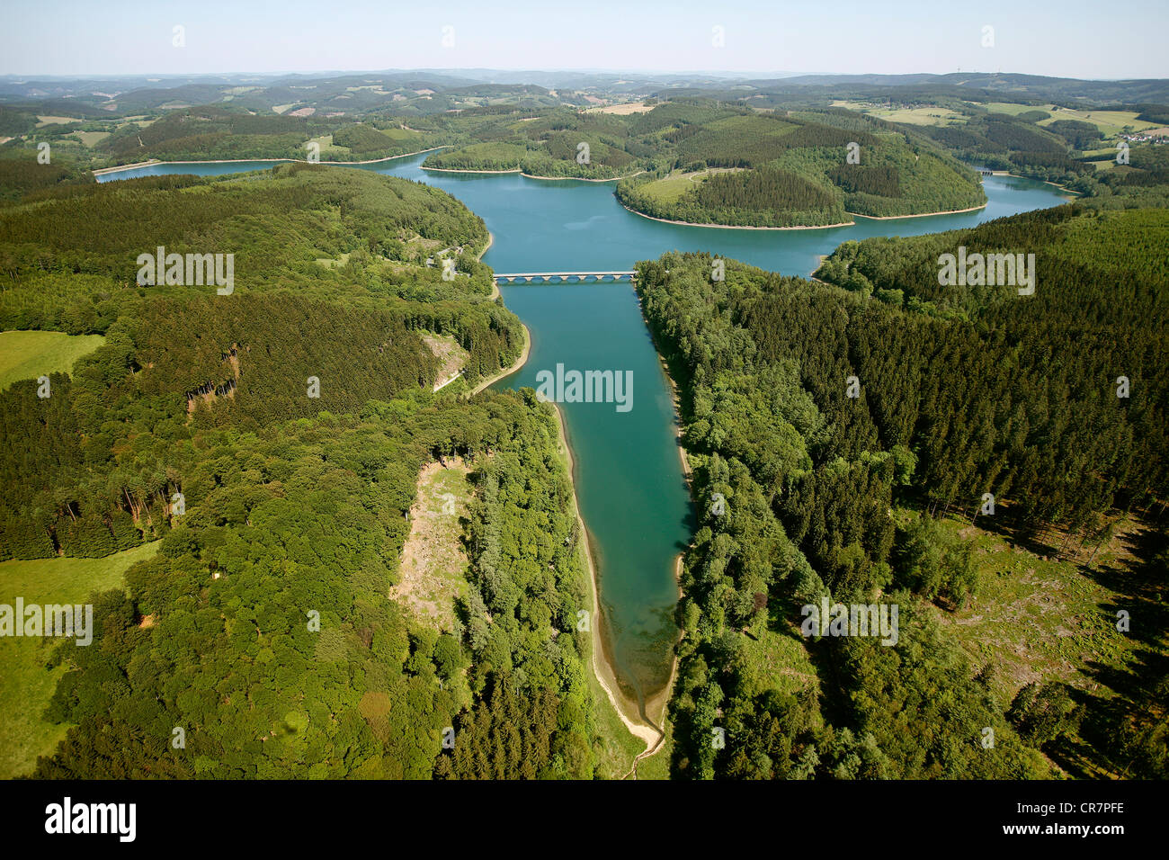 Aerial view, Versetalsperre dam, Klamer Bruecke bridge, Rhenish Massif, Luedenscheid, Herscheid, Sauerland area Stock Photo