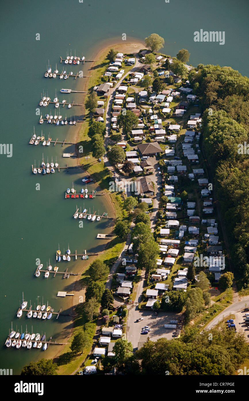 Aerial view, sailing boats, camping site, landing stages, Bevertalsperre dam, Hueckeswagen, Radevormwald Stock Photo