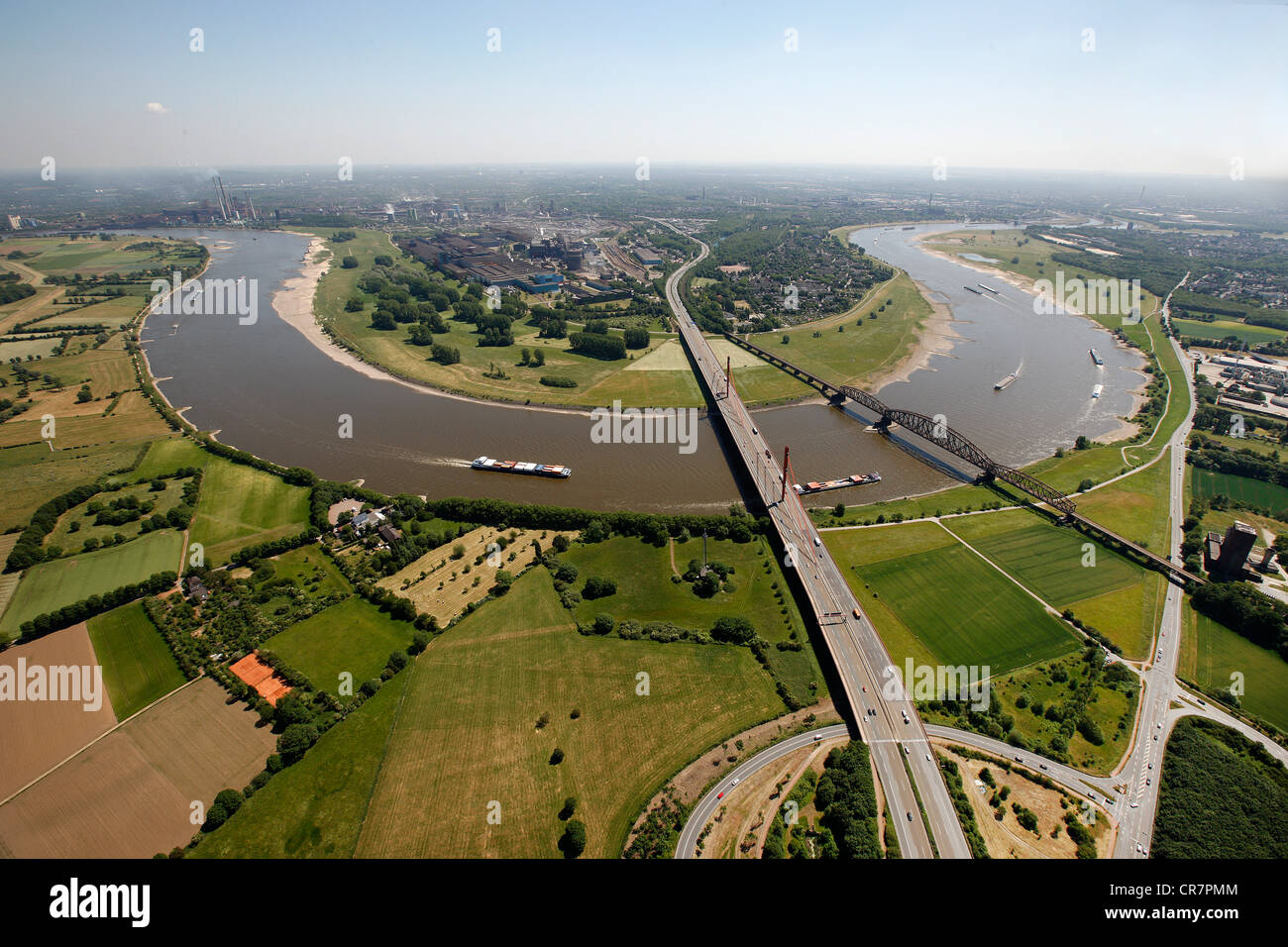 Aerial view, loop of the Rhine River, ThyssenKrupp, A42 motorway, Rheinbruecke bridge leading to Beeckerwerth, Duisburg Stock Photo