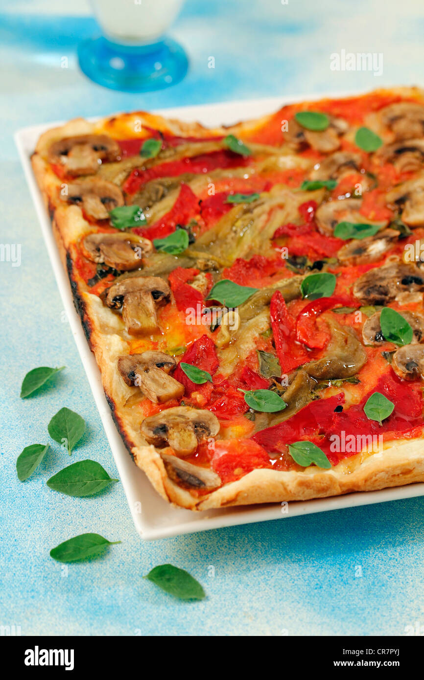 Focaccia with mushrooms. Recipe available Stock Photo