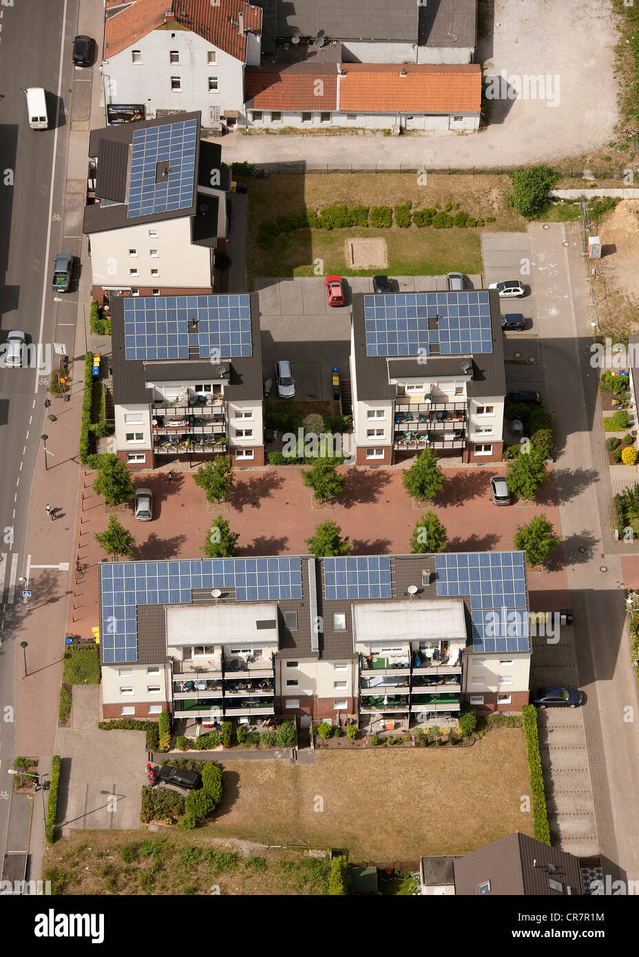 Aerial view, Kreulshof housing complex with solar roofs, Bottrop-Boy, Ruhr area, North Rhine-Westphalia, Germany, Europe Stock Photo