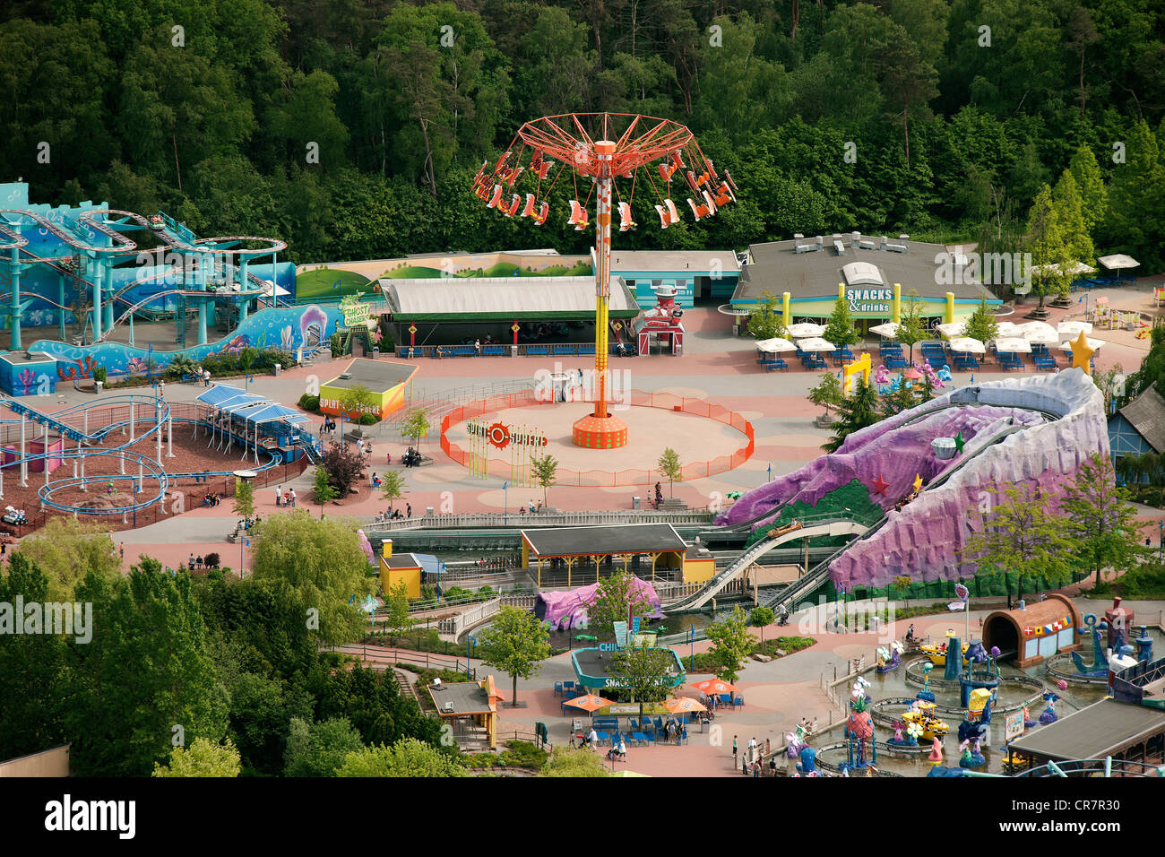 Aerial view, Movie Park Germany theme park, near Bottrop-Kirchhellen, Ruhr area, North Rhine-Westphalia, Germany, Europe Stock Photo