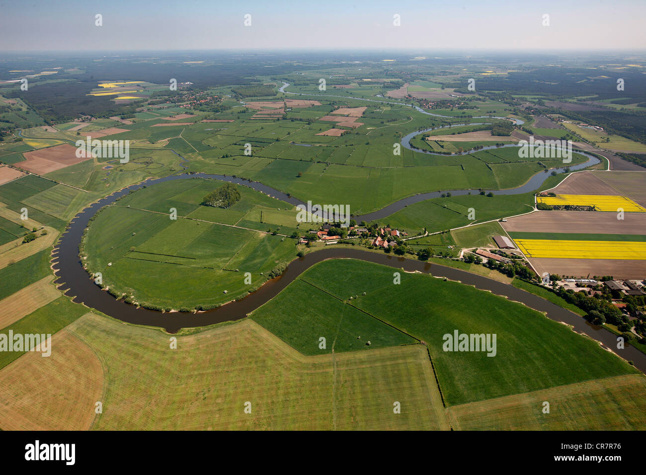 Aerial view, loop of the Aller River, riverscape, Soltau-Fallingbostel, Frankenfeld, Lower Saxony, Germany, Europe Stock Photo