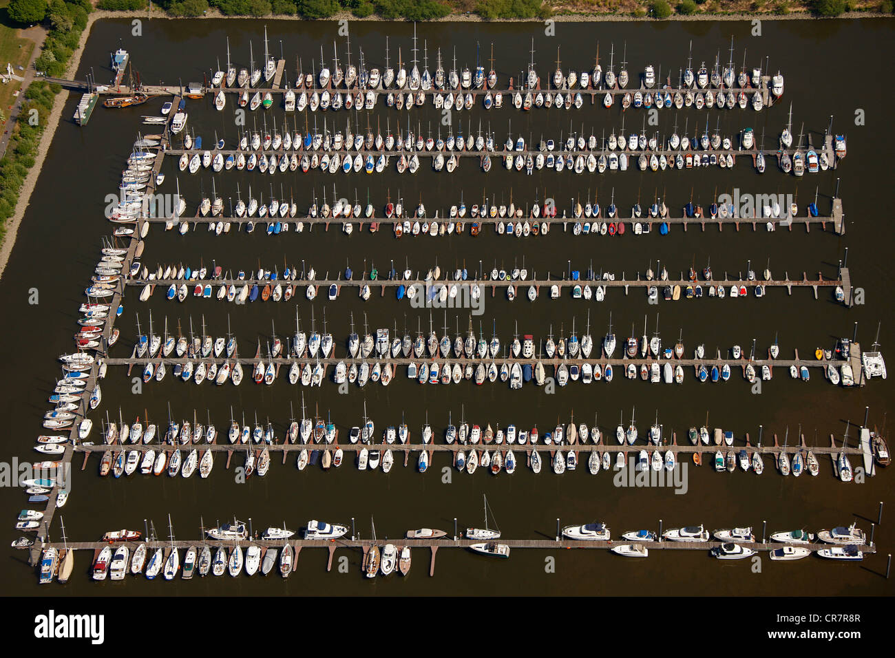 Aerial view, rows of boats, marina, sailing harbour, Hamburger Yachthafen-Gemeinschaft e.V. association, Wedel Stock Photo