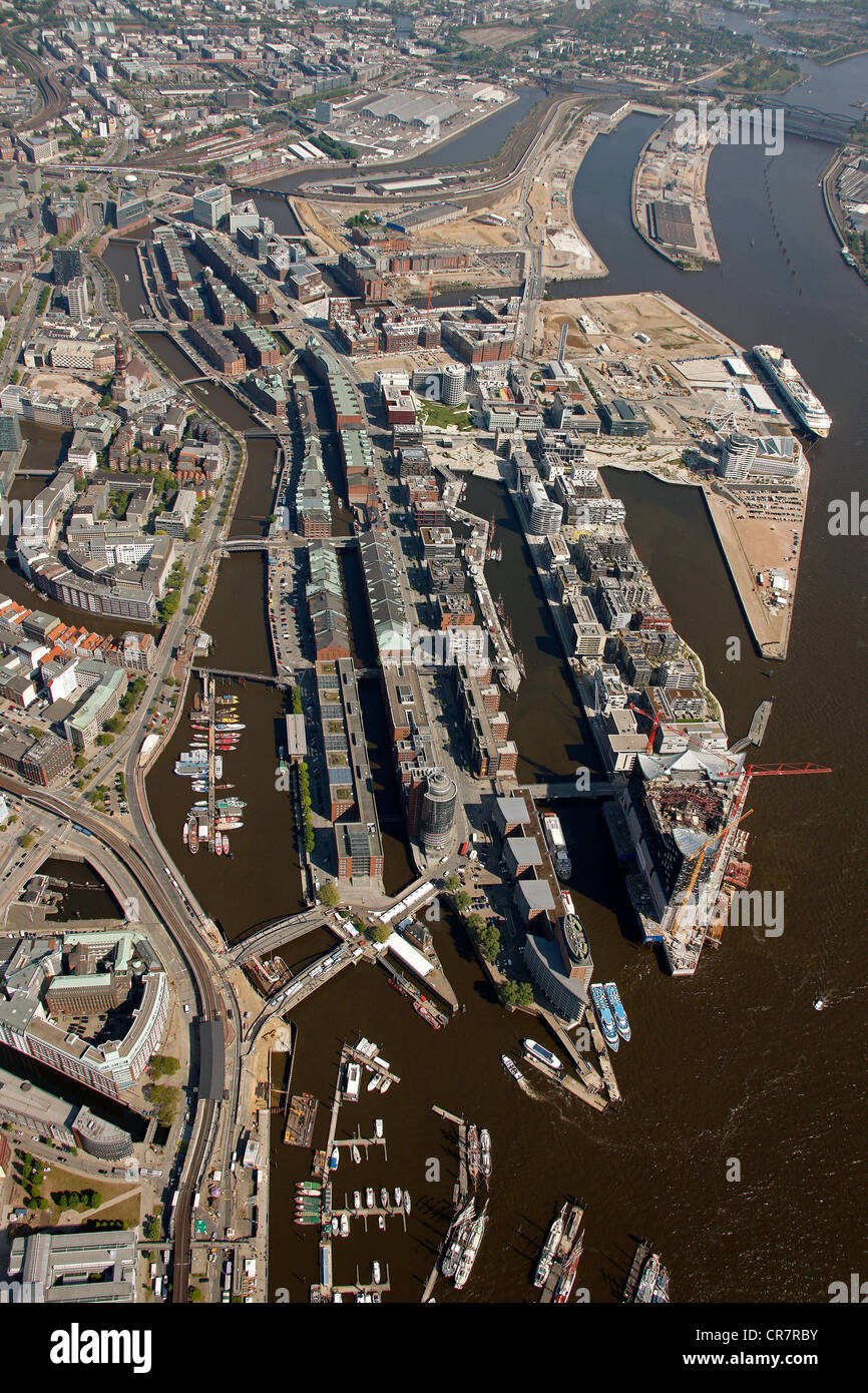 Aerial view, Elbphilharmonie philharmonic hall, Speicherstadt historic warehouse district, Hafencity harbour district, Hamburg Stock Photo