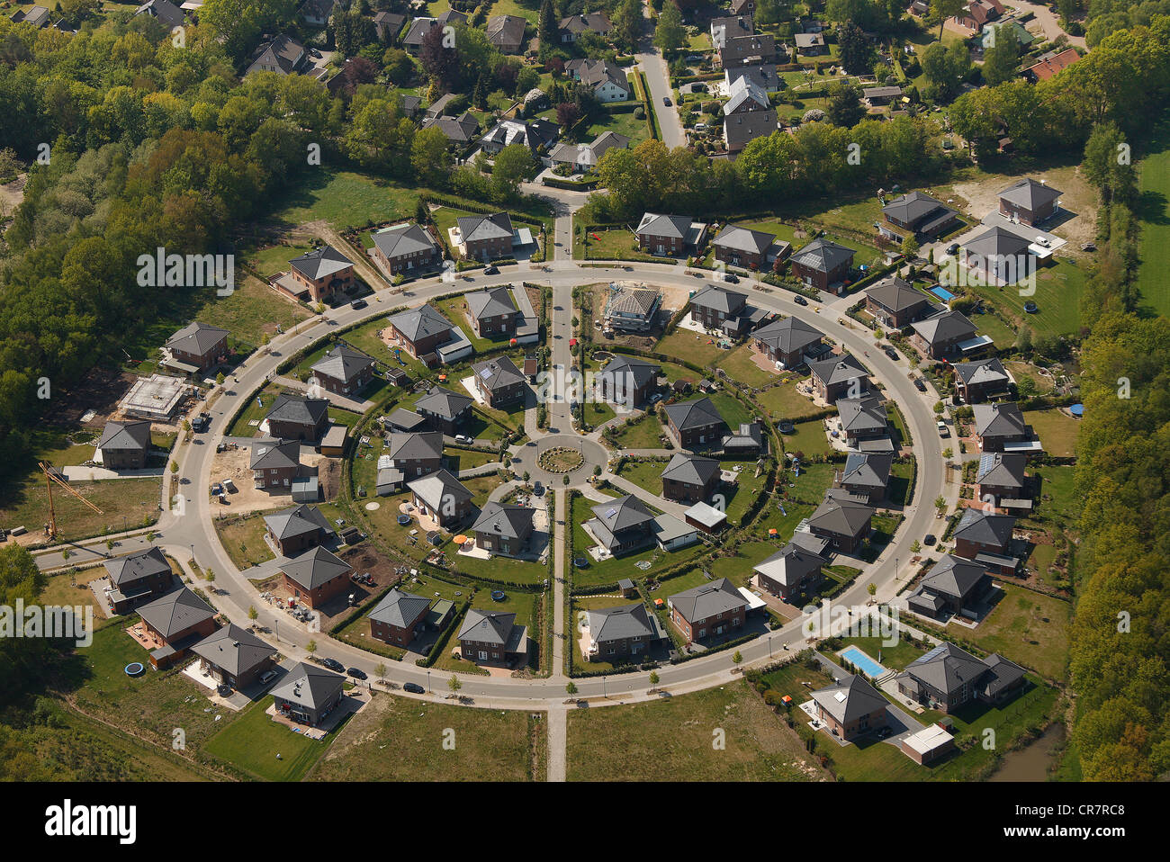 Aerial view, circle-shaped housing estate, Ahrensburg, Schleswig-Holstein, Germany, Europe Stock Photo