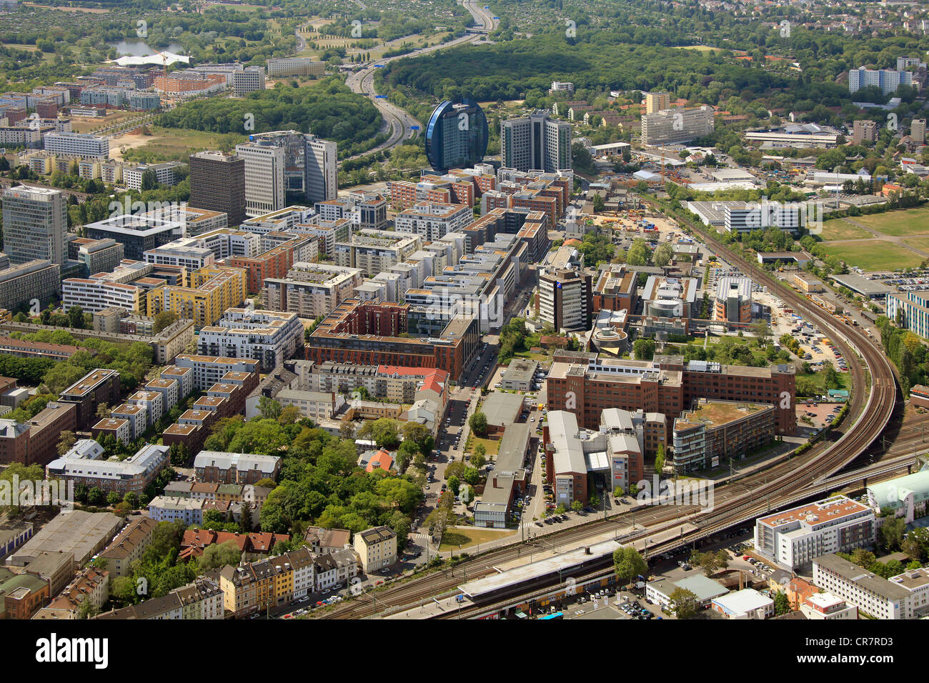 Aerial view, Messe Frankfurt exhibition hall, Frankfurt am Main, Hesse, Germany, Europe Stock Photo