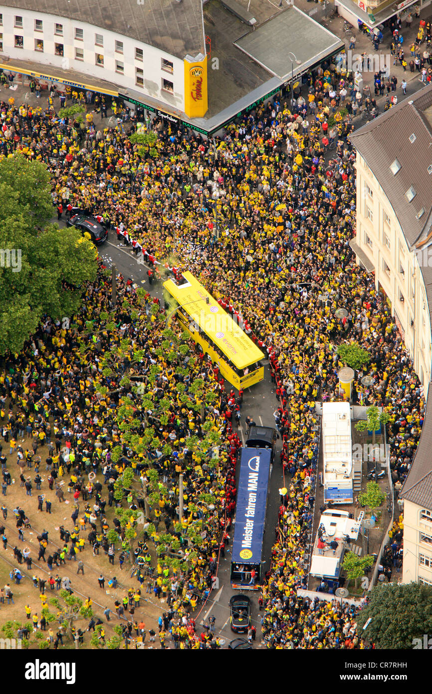 Aerial view, Borsigplatz square, motorcade to celebrate the team of the BVB, Borussia Dortmund, after winning the German Stock Photo