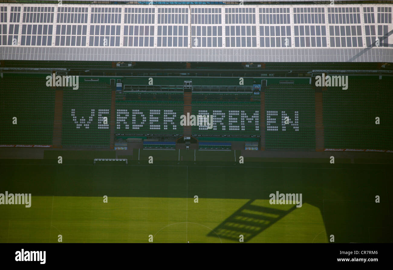Aerial view, lettering Werder Bremen, Weserstadion, stadium with solar panels on the roof, Bremen, Germany, Europe Stock Photo