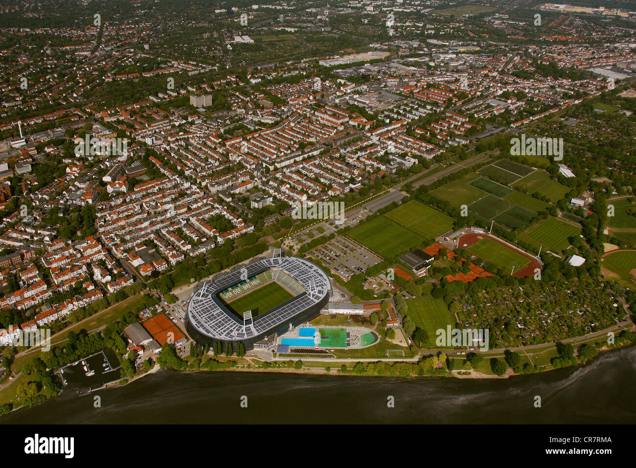 Aerial view, Weserstadion, stadium with solar panels on the roof, Bremen, Germany, Europe Stock Photo
